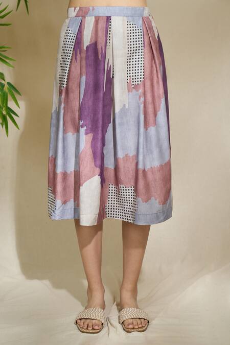 The Home Affair_Multi Color Cambric Muslin Cotton Printed Abstract Lapel Collar Shirt With Skirt _Online_at_Aza_Fashions
