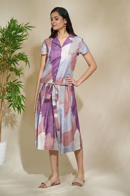 Buy_The Home Affair_Multi Color Cambric Muslin Cotton Printed Abstract Lapel Collar Shirt With Skirt _Online_at_Aza_Fashions