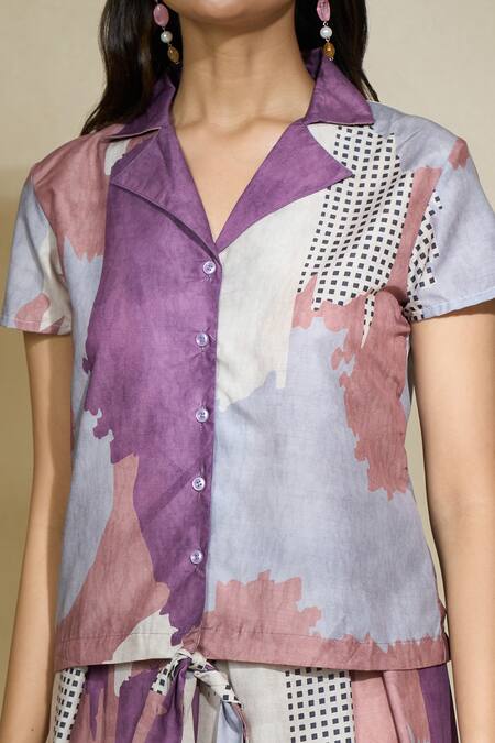 Shop_The Home Affair_Multi Color Cambric Muslin Cotton Printed Abstract Lapel Collar Shirt With Skirt _Online_at_Aza_Fashions