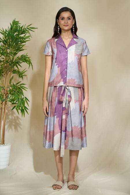 The Home Affair_Multi Color Cambric Muslin Cotton Printed Abstract Lapel Collar Shirt With Skirt _at_Aza_Fashions