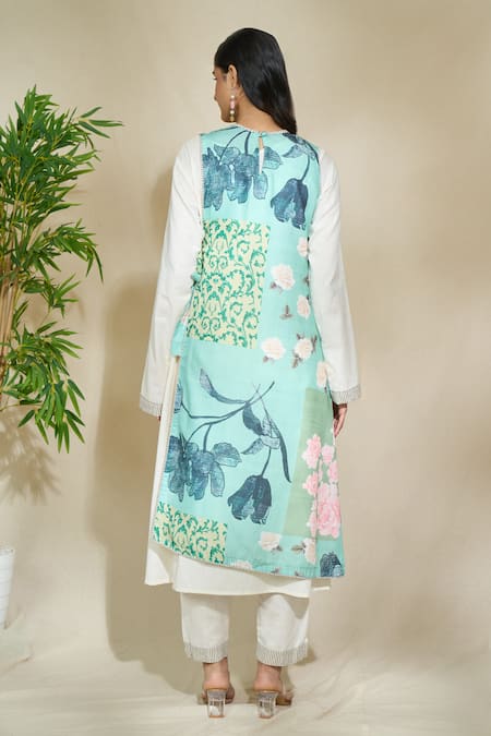 Shop The Home Affair Blue Linen Round Neck Floral Print Overlap Jacket Kurta Set at Aza Fashions Shop_The Home Affair_Blue Linen Round Neck Floral Print Overlap Jacket Kurta Set _at_Aza_Fashions