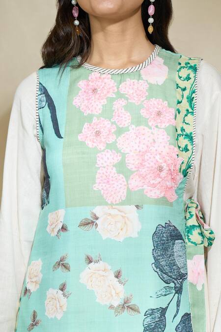 The Home Affair Blue Linen Round Neck Floral Print Overlap Jacket Kurta Set Online at Aza Fashions The Home Affair_Blue Linen Round Neck Floral Print Overlap Jacket Kurta Set _Online_at_Aza_Fashions