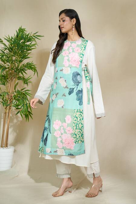 Shop The Home Affair Blue Linen Round Neck Floral Print Overlap Jacket Kurta Set Online at Aza Fashions Shop_The Home Affair_Blue Linen Round Neck Floral Print Overlap Jacket Kurta Set _Online_at_Aza_Fashions
