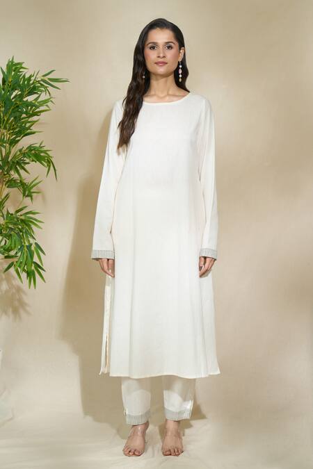 Buy The Home Affair Blue Linen Round Neck Floral Print Overlap Jacket Kurta Set Buy_The Home Affair_Blue Linen Round Neck Floral Print Overlap Jacket Kurta Set