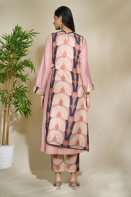 Shop The Home Affair Brown Linen Beads, Embroidery Round Geometric Print Overlap Jacket Kurta Set at Aza Fashions Shop_The Home Affair_Brown Linen Beads, Embroidery Round Geometric Print Overlap Jacket Kurta Set _at_Aza_Fashions