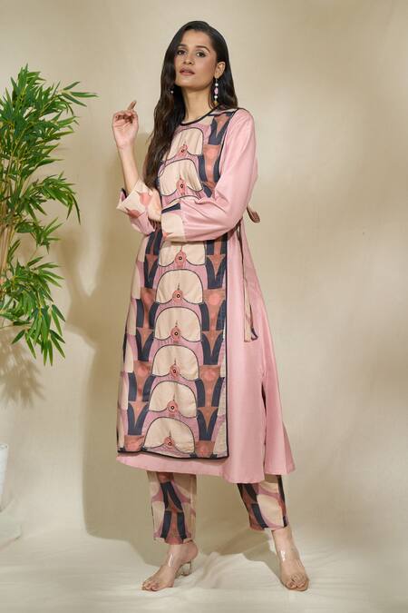 Buy The Home Affair Brown Linen Beads, Embroidery Round Geometric Print Overlap Jacket Kurta Set Online at Aza Fashions Buy_The Home Affair_Brown Linen Beads, Embroidery Round Geometric Print Overlap Jacket Kurta Set _Online_at_Aza_Fashions