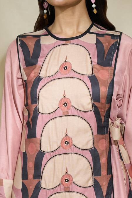 The Home Affair Brown Linen Beads, Embroidery Round Geometric Print Overlap Jacket Kurta Set at Aza Fashions The Home Affair_Brown Linen Beads, Embroidery Round Geometric Print Overlap Jacket Kurta Set _at_Aza_Fashions