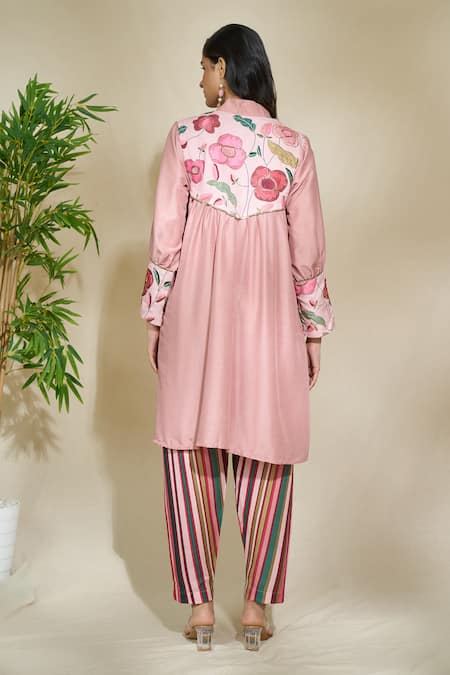 Shop The Home Affair Peach Cotton Sequins, Embroidery V-neck Asymmetric Tunic With Striped Pant at Aza Fashions Shop_The Home Affair_Peach Cotton Sequins, Embroidery V-neck Asymmetric Tunic With Striped Pant _at_Aza_Fashions