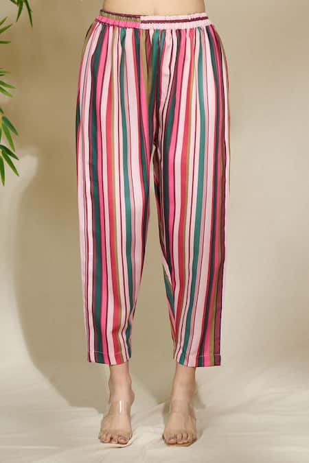 The Home Affair Peach Cotton Sequins, Embroidery V-neck Asymmetric Tunic With Striped Pant Online at Aza Fashions The Home Affair_Peach Cotton Sequins, Embroidery V-neck Asymmetric Tunic With Striped Pant _Online_at_Aza_Fashions