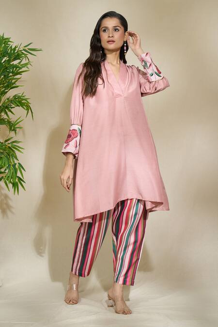 Buy The Home Affair Peach Cotton Sequins, Embroidery V-neck Asymmetric Tunic With Striped Pant Online at Aza Fashions Buy_The Home Affair_Peach Cotton Sequins, Embroidery V-neck Asymmetric Tunic With Striped Pant _Online_at_Aza_Fashions