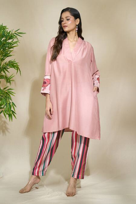 Shop The Home Affair Peach Cotton Sequins, Embroidery V-neck Asymmetric Tunic With Striped Pant Online at Aza Fashions Shop_The Home Affair_Peach Cotton Sequins, Embroidery V-neck Asymmetric Tunic With Striped Pant _Online_at_Aza_Fashions