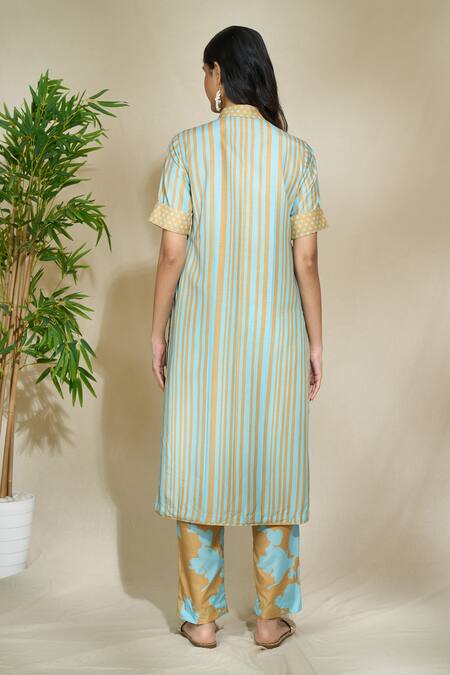 Shop The Home Affair Yellow Cambric Muslin Cotton Printed Striped Shirt Collar Long With Pant at Aza Fashions Shop_The Home Affair_Yellow Cambric Muslin Cotton Printed Striped Shirt Collar Long With Pant _at_Aza_Fashions