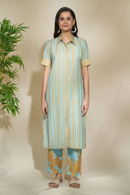 The Home Affair Yellow Cambric Muslin Cotton Printed Striped Shirt Collar Long With Pant Online at Aza Fashions The Home Affair_Yellow Cambric Muslin Cotton Printed Striped Shirt Collar Long With Pant _Online_at_Aza_Fashions