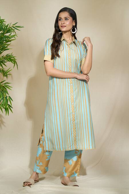Buy The Home Affair Yellow Cambric Muslin Cotton Printed Striped Shirt Collar Long With Pant Online at Aza Fashions Buy_The Home Affair_Yellow Cambric Muslin Cotton Printed Striped Shirt Collar Long With Pant _Online_at_Aza_Fashions