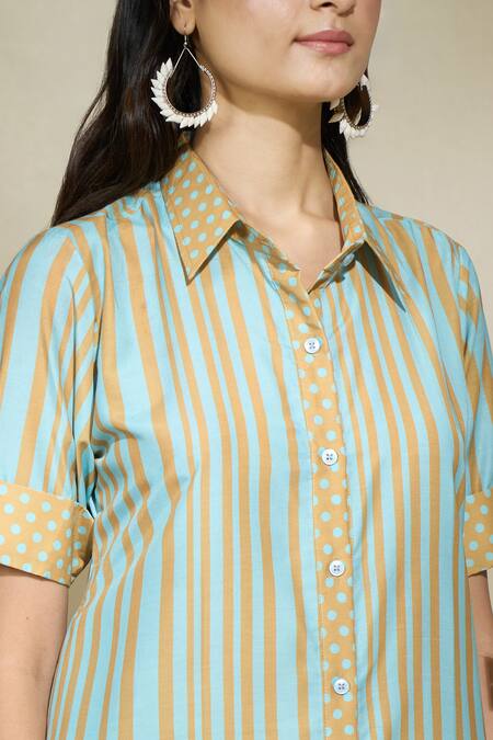 Shop The Home Affair Yellow Cambric Muslin Cotton Printed Striped Shirt Collar Long With Pant Online at Aza Fashions Shop_The Home Affair_Yellow Cambric Muslin Cotton Printed Striped Shirt Collar Long With Pant _Online_at_Aza_Fashions