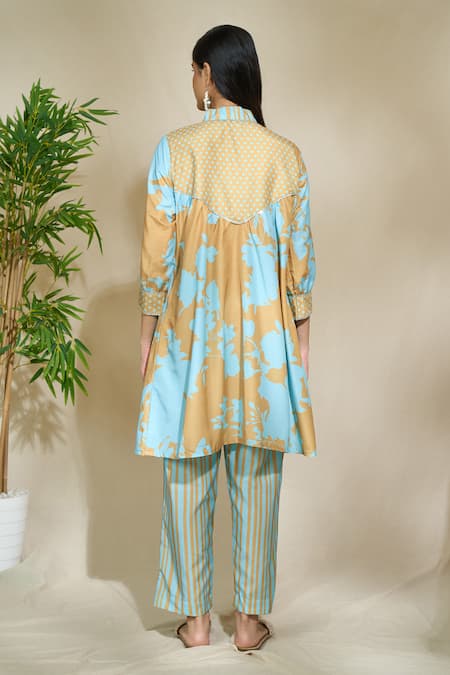 Shop The Home Affair Yellow Cotton V-neck Foliage Print Kurta With Pant at Aza Fashions Shop_The Home Affair_Yellow Cotton V-neck Foliage Print Kurta With Pant _at_Aza_Fashions