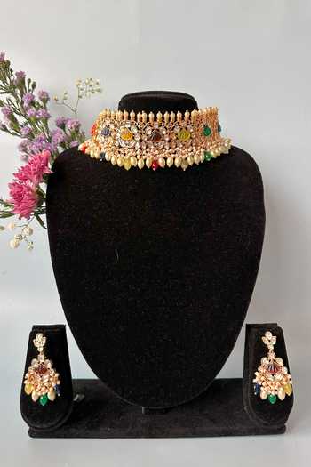 Buy_Nayaab By Sonia_Gold Plated Pearls, Beads, Stones Crown Jewel Studded Choker Necklace Set_Online_at_Aza_Fashions