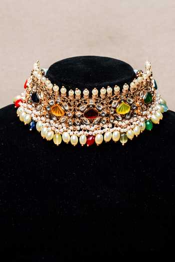 Shop_Nayaab By Sonia_Gold Plated Pearls, Beads, Stones Crown Jewel Studded Choker Necklace Set_Online_at_Aza_Fashions
