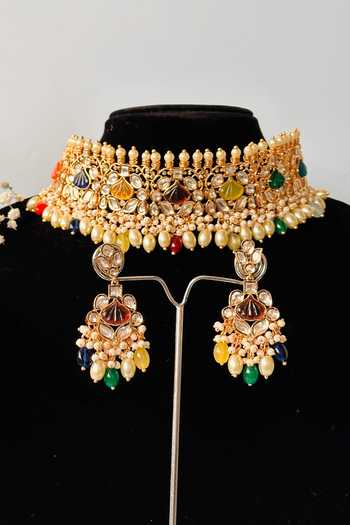 Nayaab By Sonia_Gold Plated Pearls, Beads, Stones Crown Jewel Studded Choker Necklace Set_at_Aza_Fashions