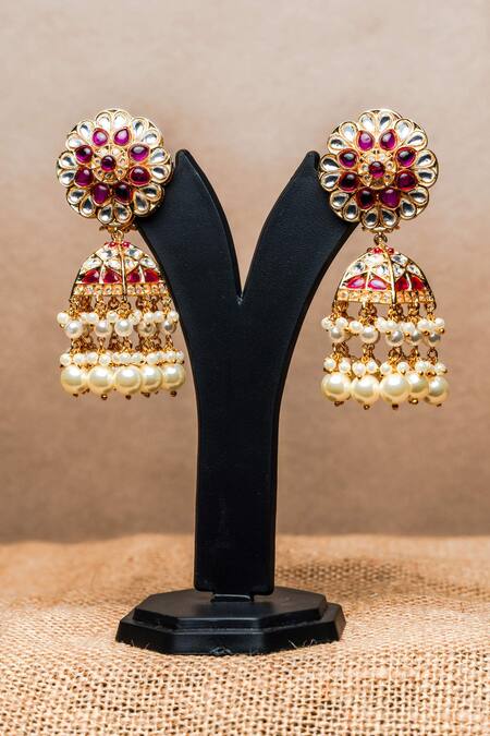 Shop Nayaab By Sonia Gold Plated Pearls, Stones Gulab Studded Floral Jhumka at Aza Fashions Shop_Nayaab By Sonia_Gold Plated Pearls, Stones Gulab Studded Floral Jhumka_at_Aza_Fashions