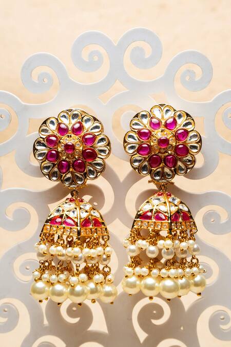Nayaab By Sonia Gold Plated Pearls, Stones Gulab Studded Floral Jhumka Online at Aza Fashions Nayaab By Sonia_Gold Plated Pearls, Stones Gulab Studded Floral Jhumka_Online_at_Aza_Fashions