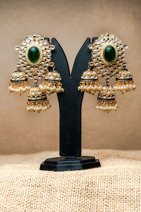 Shop Nayaab By Sonia Gold Plated Harit Rani Polki Studded Jhumka at Aza Fashions Shop_Nayaab By Sonia_Gold Plated Harit Rani Polki Studded Jhumka _at_Aza_Fashions