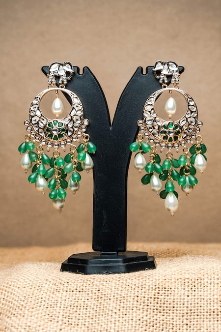 Shop Nayaab By Sonia Gold Plated Zari, Diamonds, Stones Hathi Panna Tassel Chandbalis at Aza Fashions Shop_Nayaab By Sonia_Gold Plated Zari, Diamonds, Stones Hathi Panna Tassel Chandbalis _at_Aza_Fashions