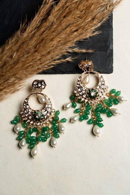 Shop Nayaab By Sonia Gold Plated Zari, Diamonds, Stones Hathi Panna Tassel Chandbalis Online at Aza Fashions Shop_Nayaab By Sonia_Gold Plated Zari, Diamonds, Stones Hathi Panna Tassel Chandbalis _Online_at_Aza_Fashions