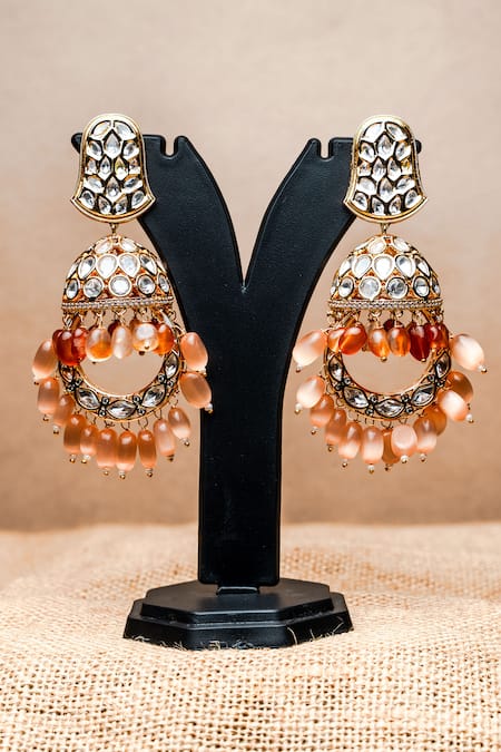 Shop Nayaab By Sonia Gold Plated Stones, Beads Nawabi Polki Studded Chandbali Jhumkas at Aza Fashions Shop_Nayaab By Sonia_Gold Plated Stones, Beads Nawabi Polki Studded Chandbali Jhumkas _at_Aza_Fashions