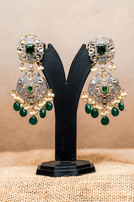 Shop Nayaab By Sonia Gold Plated Zari, Beads, Crystals Oasis Opulence Cz Studded Dangler Earrings at Aza Fashions Shop_Nayaab By Sonia_Gold Plated Zari, Beads, Crystals Oasis Opulence Cz Studded Dangler Earrings _at_Aza_Fashions