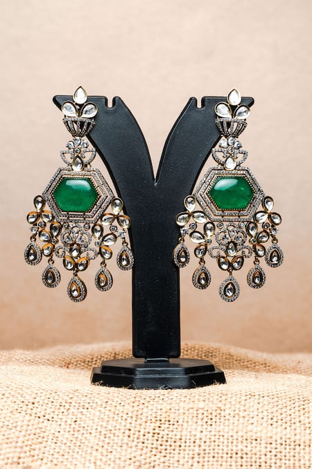 Shop_Nayaab By Sonia_Gold Plated Stones, Diamonds Maharani Polki Studded Floral Chandelier _at_Aza_Fashions