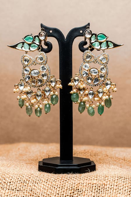 Shop Nayaab By Sonia Gold Plated Stones, Beads Parakeet Polki Studded Earrings at Aza Fashions Shop_Nayaab By Sonia_Gold Plated Stones, Beads Parakeet Polki Studded Earrings _at_Aza_Fashions