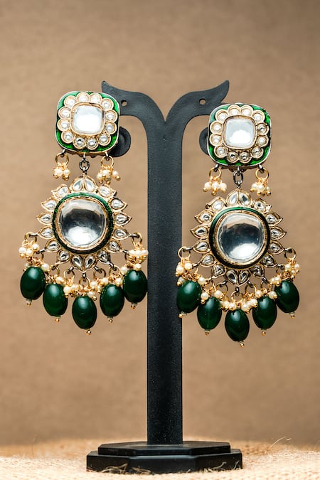 Shop Nayaab By Sonia Gold Plated Beads, Diamonds, Stones Rajputaana Floral Polki Chandelier at Aza Fashions Shop_Nayaab By Sonia_Gold Plated Beads, Diamonds, Stones Rajputaana Floral Polki Chandelier _at_Aza_Fashions