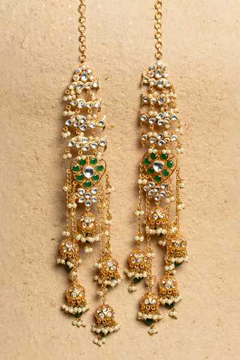 Nayaab By Sonia_Gold Plated Pearls, Stones, Beads Shikara Floral Studded Chain Tassel Jhumkas _Online_at_Aza_Fashions