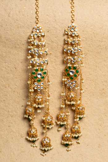 Buy_Nayaab By Sonia_Gold Plated Pearls, Stones, Beads Shikara Floral Studded Chain Tassel Jhumkas _Online_at_Aza_Fashions