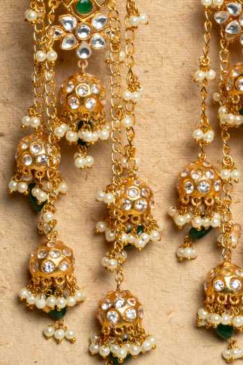 Shop_Nayaab By Sonia_Gold Plated Pearls, Stones, Beads Shikara Floral Studded Chain Tassel Jhumkas _Online_at_Aza_Fashions