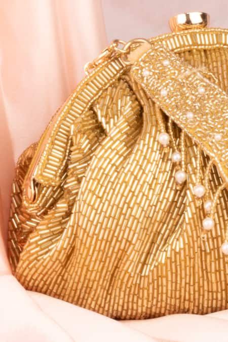 Nayaab By Sonia Gold Cut Work, Pearls Chique Stripe Embellished Potli Online at Aza Fashions Nayaab By Sonia_Gold Cut Work, Pearls Chique Stripe Embellished Potli _Online_at_Aza_Fashions