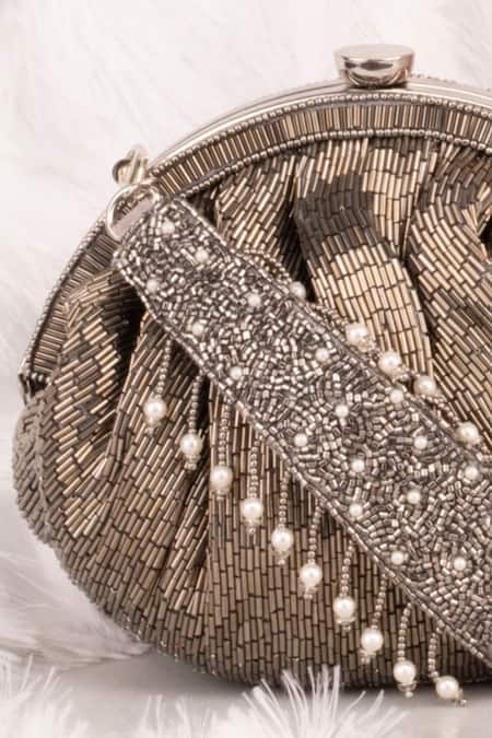 Nayaab By Sonia Grey Cut Work, Pearls Chique Stripe Pattern Potli Online at Aza Fashions Nayaab By Sonia_Grey Cut Work, Pearls Chique Stripe Pattern Potli _Online_at_Aza_Fashions