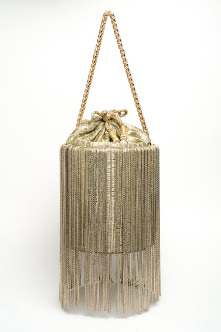 Shop Nayaab By Sonia Gold Sequins, Chains Hinted Cascade Burst Tassel Work Potli at Aza Fashions Shop_Nayaab By Sonia_Gold Sequins, Chains Hinted Cascade Burst Tassel Work Potli _at_Aza_Fashions