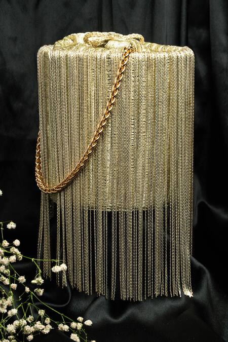 Nayaab By Sonia Gold Sequins, Chains Hinted Cascade Burst Tassel Work Potli Online at Aza Fashions Nayaab By Sonia_Gold Sequins, Chains Hinted Cascade Burst Tassel Work Potli _Online_at_Aza_Fashions