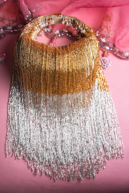 Nayaab By Sonia Silver Beads Tassel Sailor Colorblock Embellished Potli Online at Aza Fashions Nayaab By Sonia_Silver Beads Tassel Sailor Colorblock Embellished Potli _Online_at_Aza_Fashions