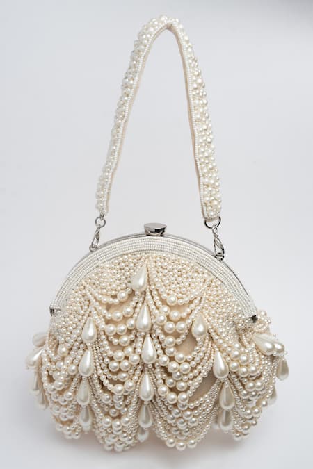 Nayaab by Sonia Oyster Frame Snowflake Pearl Embellished Potli Clutch 