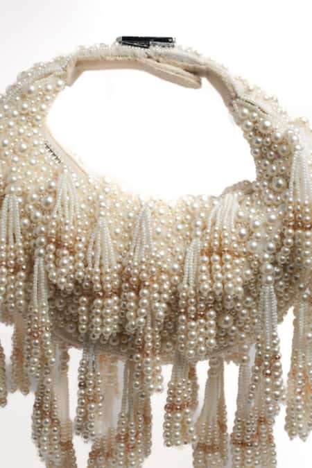 Nayaab By Sonia_Off White Pearls, Beads And Tasseled Potli Bag _Online_at_Aza_Fashions