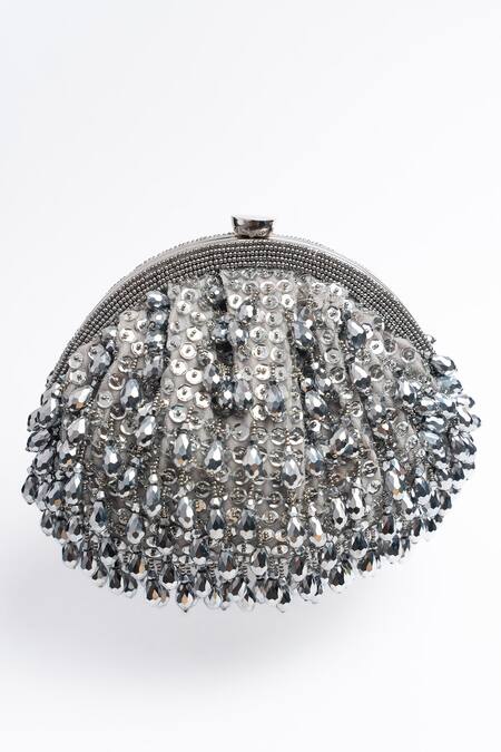 Shop Nayaab By Sonia Silver Sequins, Beads Dangling Embroidered Clutch Shop_Nayaab By Sonia_Silver Sequins, Beads Dangling Embroidered Clutch
