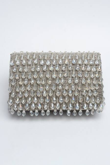 Buy_Nayaab By Sonia_Silver Crystals Mini Kasse Midnight Sparkle Box Clutch_Online_at_Aza_Fashions