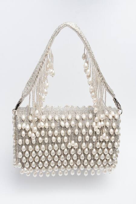 Shop Nayaab By Sonia Silver Crystals, Pearls Mini Kasse Midnight Sparkle Clutch at Aza Fashions Shop_Nayaab By Sonia_Silver Crystals, Pearls Mini Kasse Midnight Sparkle Clutch_at_Aza_Fashions