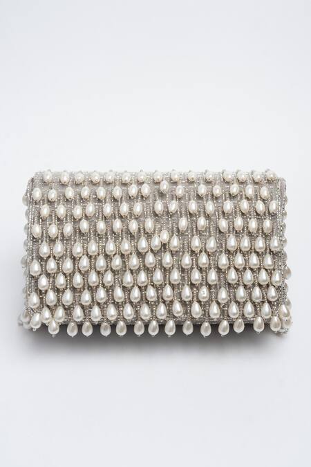 Shop Nayaab By Sonia Silver Crystals, Pearls Mini Kasse Midnight Sparkle Clutch Online at Aza Fashions Shop_Nayaab By Sonia_Silver Crystals, Pearls Mini Kasse Midnight Sparkle Clutch_Online_at_Aza_Fashions