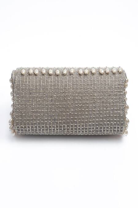 Shop Nayaab By Sonia Silver Crystals, Pearls Mini Kasse Midnight Sparkle Clutch Shop_Nayaab By Sonia_Silver Crystals, Pearls Mini Kasse Midnight Sparkle Clutch