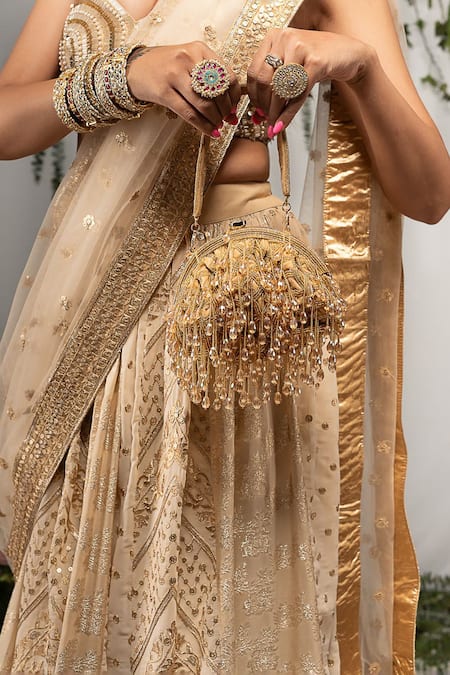 Shop Nayaab By Sonia Gold Cut Work, Beads Lattice Frame Aurum Embellished Clutch Online at Aza Fashions Shop_Nayaab By Sonia_Gold Cut Work, Beads Lattice Frame Aurum Embellished Clutch _Online_at_Aza_Fashions