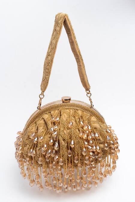 Shop Nayaab By Sonia Gold Cut Work, Beads Lattice Frame Aurum Embellished Clutch Shop_Nayaab By Sonia_Gold Cut Work, Beads Lattice Frame Aurum Embellished Clutch